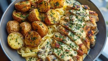 Creamy Mushroom Garlic Chicken Alfredo Recipe with Hot Honey Roasted Potatoes
