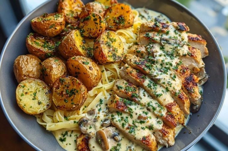 Creamy Mushroom Garlic Chicken Alfredo Recipe with Hot Honey Roasted Potatoes