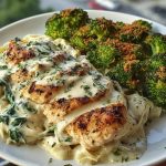 Creamy Spinach Artichoke Chicken Alfredo Recipe with Crispy Parmesan Broccoli