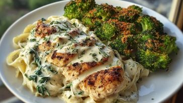 Creamy Spinach Artichoke Chicken Alfredo Recipe with Crispy Parmesan Broccoli