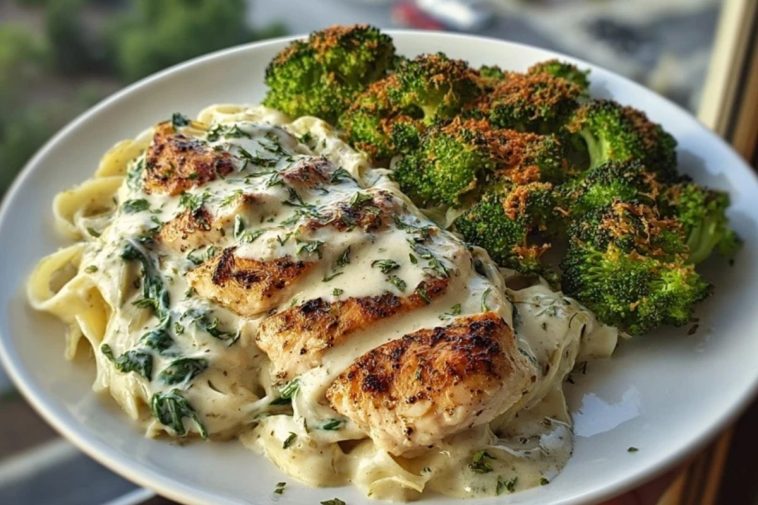 Creamy Spinach Artichoke Chicken Alfredo Recipe with Crispy Parmesan Broccoli