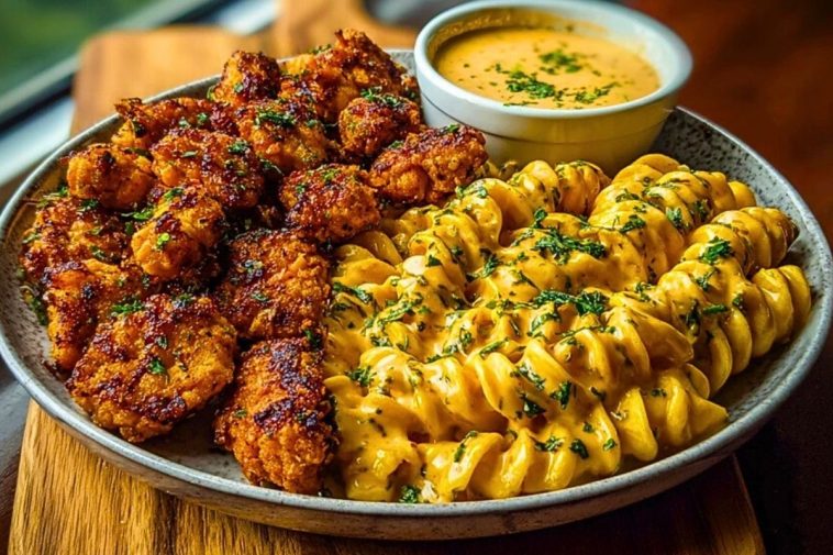 Crispy Chicken Bites & Blackened Cajun Alfredo with Roasted Corn Twists