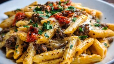Delicious Creamy Velveeta Penne Pasta Recipe with Cajun Beef Alfredo Sauce