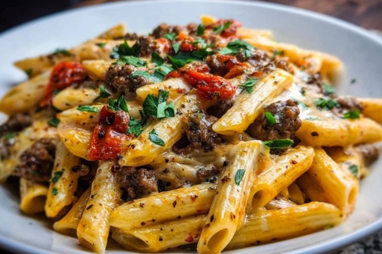 Delicious Creamy Velveeta Penne Pasta Recipe with Cajun Beef Alfredo Sauce