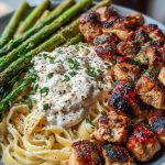 Delicious Greek Chili Chicken Alfredo with Smoked Feta Cream & Crispy Parmesan Asparagus