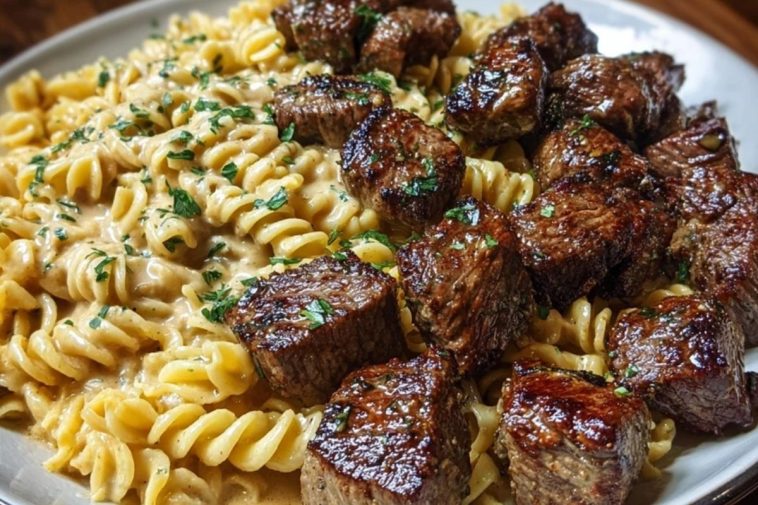 Garlic Butter Steak Bites with Spicy Cajun Alfredo Twisted Pasta