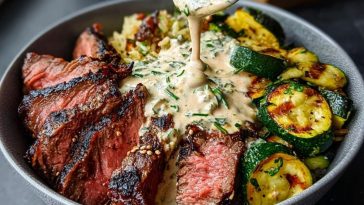 Grilled Steak Bowl with Creamy Sauce & Grilled Zucchini