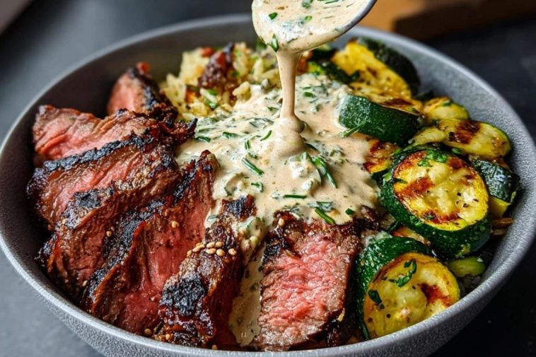 Grilled Steak Bowl with Creamy Sauce & Grilled Zucchini