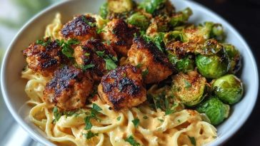 Maple Garlic Chicken Bites with Spicy Cajun Alfredo & Crispy Brussels Twists