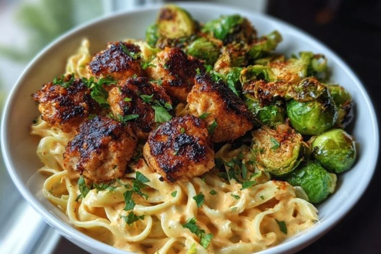 Maple Garlic Chicken Bites with Spicy Cajun Alfredo & Crispy Brussels Twists