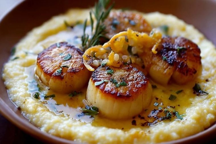 Scallops with Herb Brown Butter over Creamy Polenta