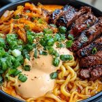 Spicy Korean Ramen with Grilled Beef & Creamy Sauce