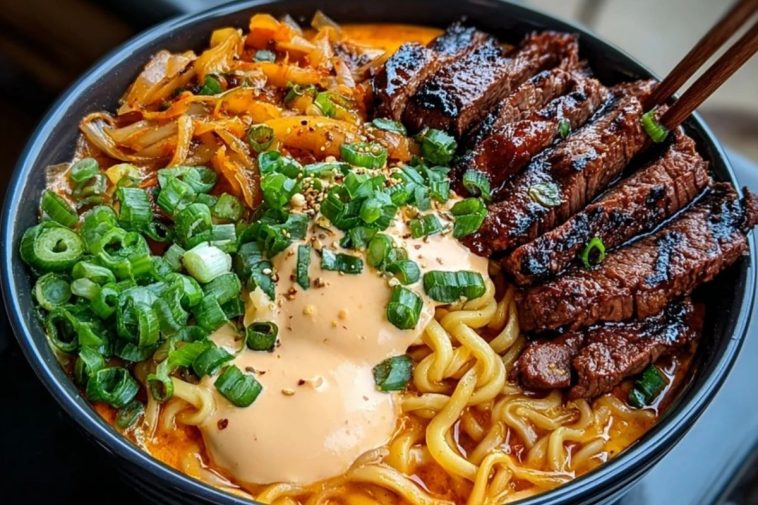 Spicy Korean Ramen with Grilled Beef & Creamy Sauce