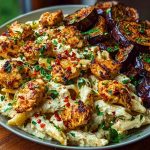 Spicy Whipped Feta Chicken Alfredo with Crispy Eggplant Wedges & Chili Oil Drizzle