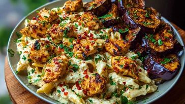 Spicy Whipped Feta Chicken Alfredo with Crispy Eggplant Wedges & Chili Oil Drizzle