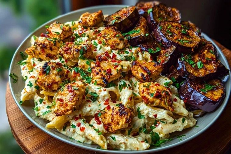 Spicy Whipped Feta Chicken Alfredo with Crispy Eggplant Wedges & Chili Oil Drizzle