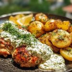 Spicy Yogurt Marinated Chicken with Dill Feta Cream & Crispy Baby Potatoes