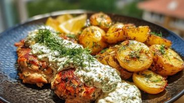 Spicy Yogurt Marinated Chicken with Dill Feta Cream & Crispy Baby Potatoes