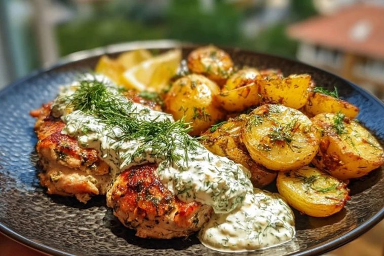 Spicy Yogurt Marinated Chicken with Dill Feta Cream & Crispy Baby Potatoes