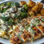 Spinach-Artichoke Greek Chicken Alfredo & Crispy Parmesan Broccoli with Mushroom Basil Cream