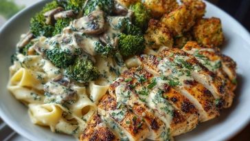 Spinach-Artichoke Greek Chicken Alfredo & Crispy Parmesan Broccoli with Mushroom Basil Cream