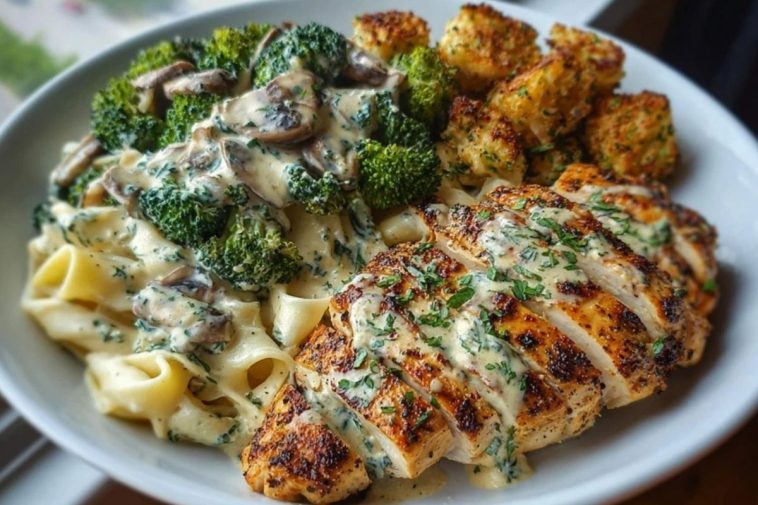 Spinach-Artichoke Greek Chicken Alfredo & Crispy Parmesan Broccoli with Mushroom Basil Cream