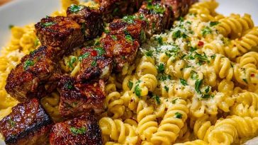 Steak Bites and Cheesy Rotini in Garlic Parmesan Sauce
