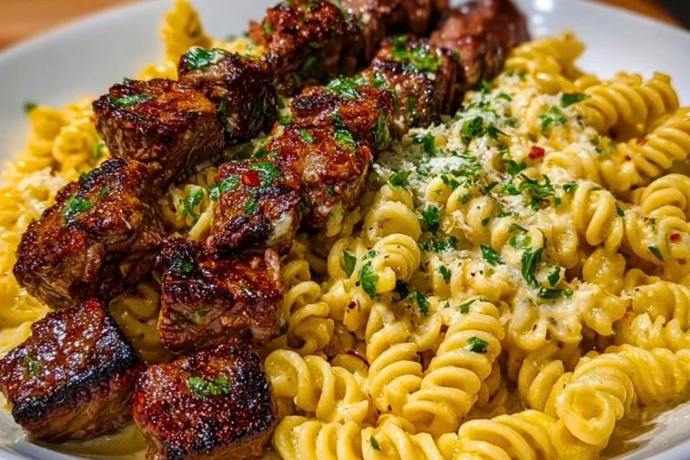 Steak Bites and Cheesy Rotini in Garlic Parmesan Sauce