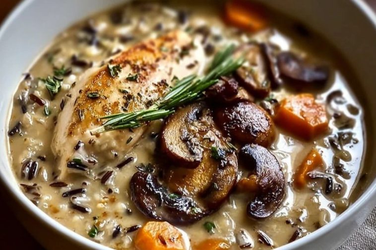Wild Rice Chicken Soup with Roasted Mushrooms