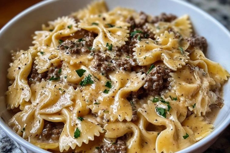 Creamy Parmesan Garlic Beef Bowtie Pasta