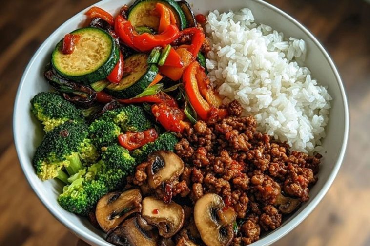 Spicy Ground Beef Stir-Fry Bowl with Garlic Veggies & Steamy Rice