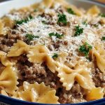 Indulgent Garlic Parmesan Bowtie Pasta with Creamy Beef