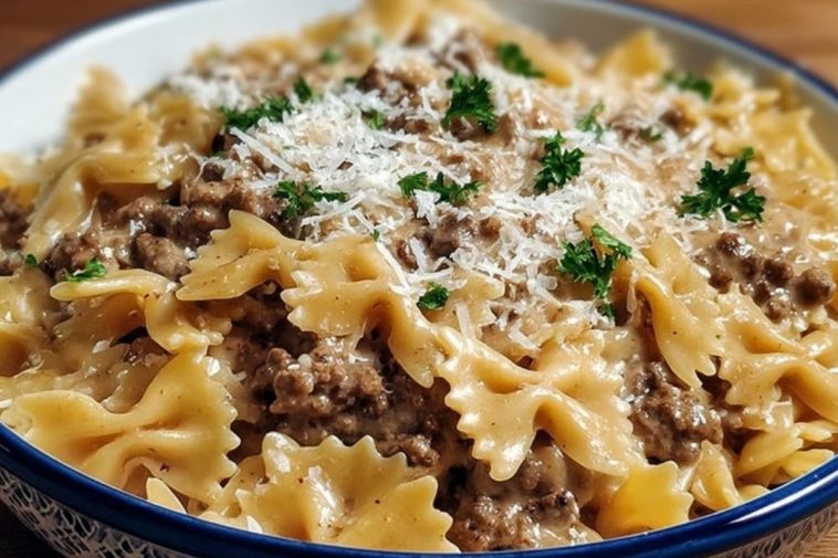 Indulgent Garlic Parmesan Bowtie Pasta with Creamy Beef