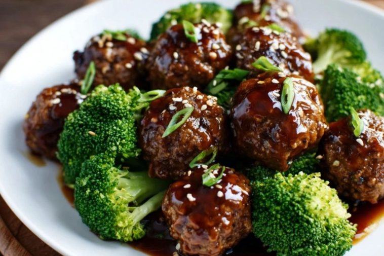 Sticky Mongolian Meatballs and Broccoli