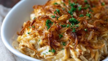 French Onion Chicken Orzo Casserole