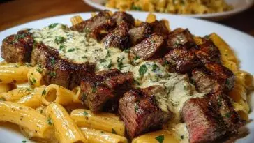 Cheesy Garlic Butter Steak with Rigatoni in Four-Cheese Sauce