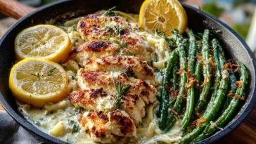 Coconut-Lemon Chicken Alfredo with Chili Feta Cream & Crispy Parmesan Green Beans