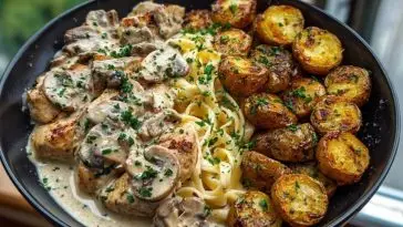 Creamy Mushroom Garlic Chicken Alfredo & Hot Honey Roasted Potatoes