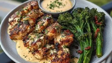 Garlic-Parmesan Chicken Bites with Sun-Dried Tomato Cajun Alfredo & Charred Broccolini