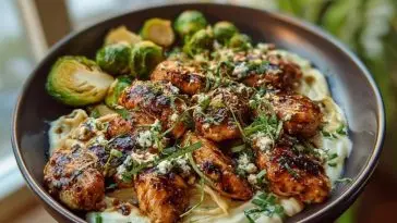 Hot Honey Balsamic Chicken Alfredo with Whipped Feta & Crispy Brussels Chips