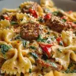 Spicy Cajun Bowtie Pasta with Beef, Sausage & Creamy Garlic Sauce