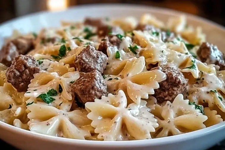 Beef and Bowtie Pasta with Alfredo Sauce