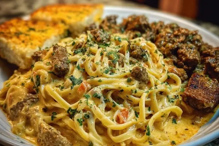 Cajun Beef Linguine in Creamy Velveeta Parmesan Garlic Sauce