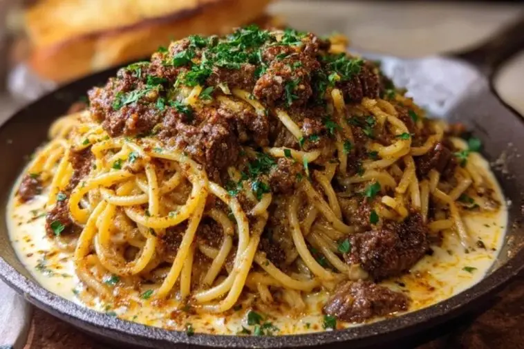 Cajun Beef Spaghetti in Creamy Three-Cheese Parmesan Sauce