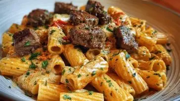 Cajun Garlic Butter Linguine with Tender Beef Strips Rigatoni
