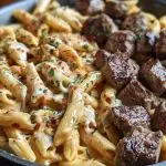 Cajun Steak Tips in Cheesy Penne Parmesan Sauce