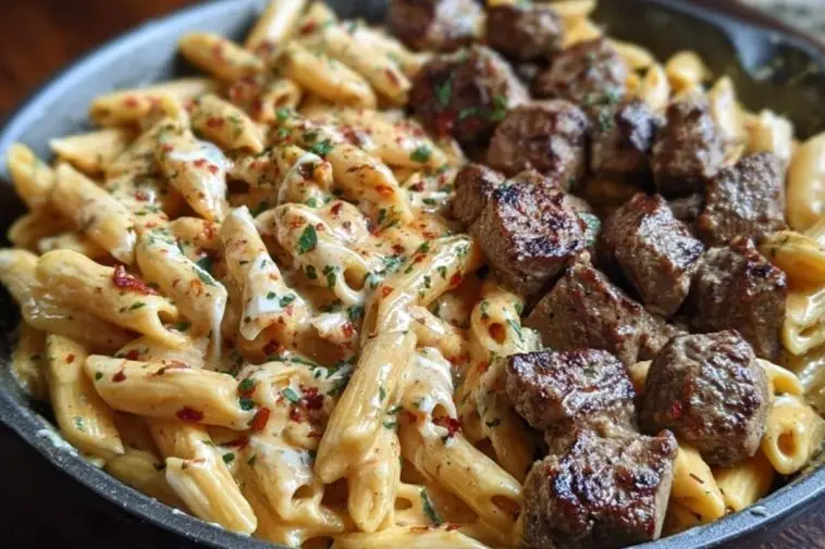 Cajun Steak Tips in Cheesy Penne Parmesan Sauce