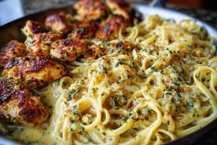 Cheesy Alfredo Linguine with Golden Garlic Butter Chicken in Creamy Sauce