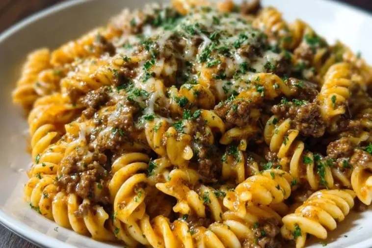 Cheesy Rotini Pasta with Garlic Butter Sauce and Ground Beef