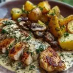 Chestnut Garlic Greek Chicken Alfredo with Sage Potatoes & Mushroom Basil Pesto